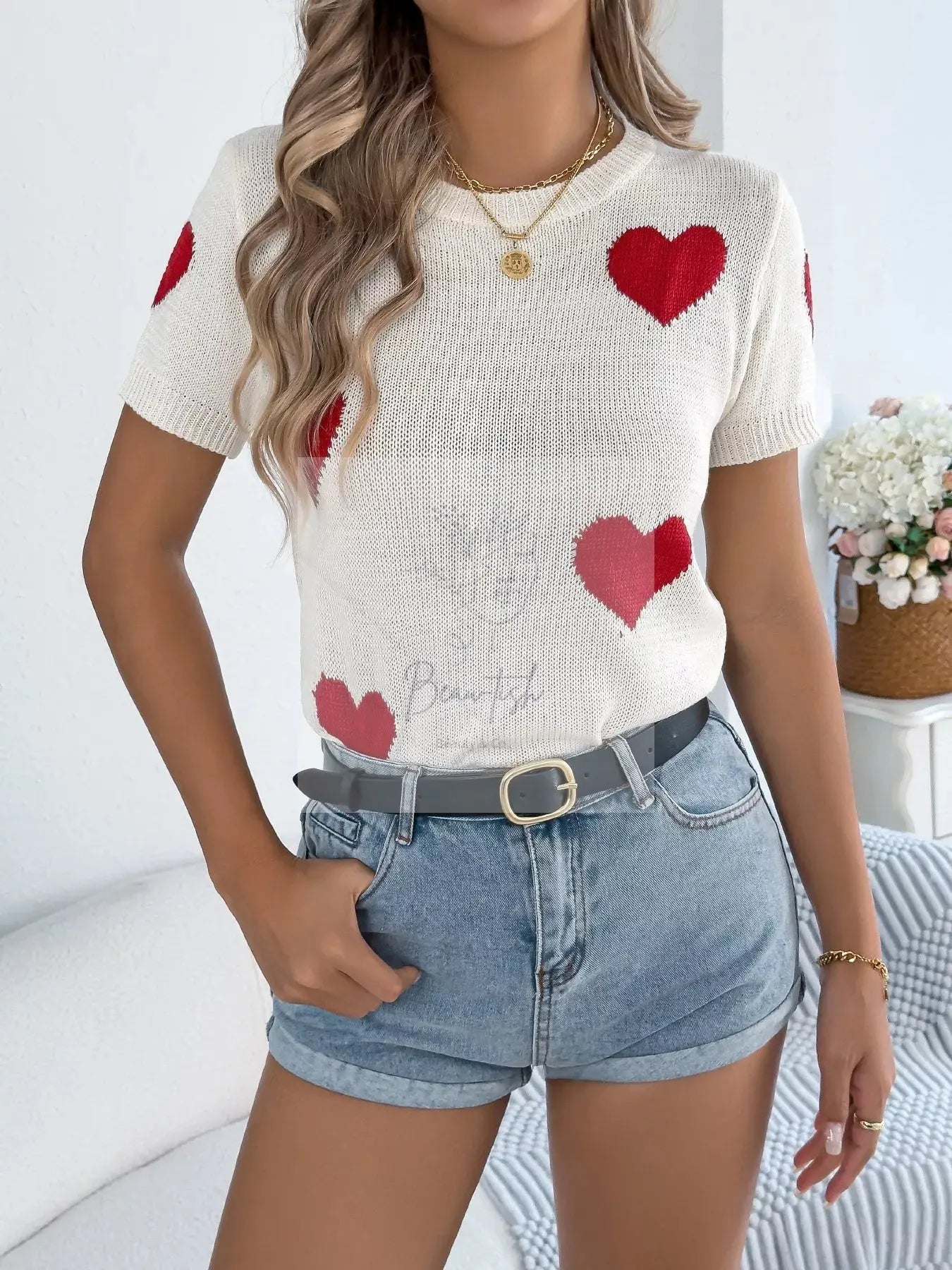 Heart Pattern Short Sleeve Knit Top