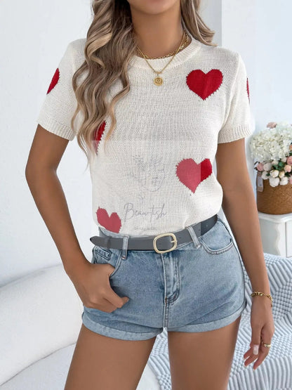 Heart Pattern Short Sleeve Knit Top