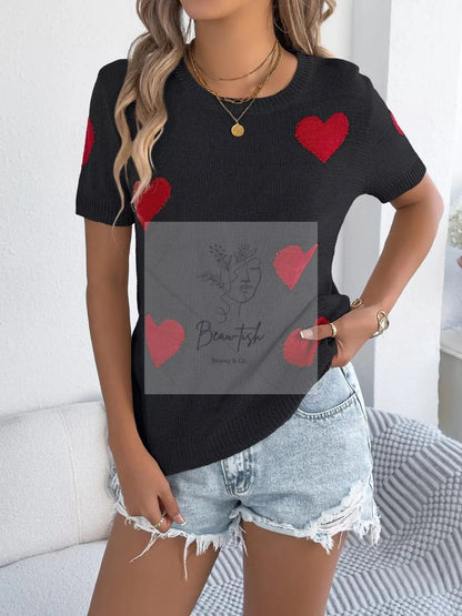 Heart Pattern Short Sleeve Knit Top