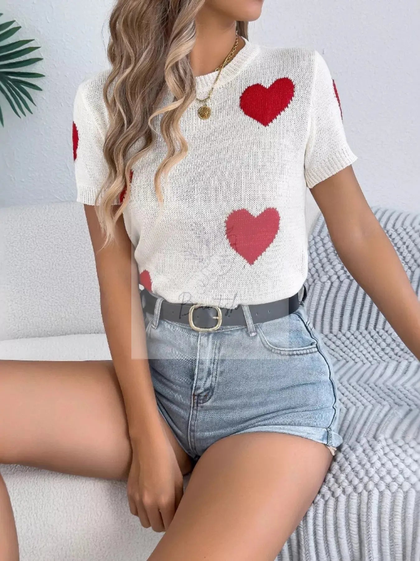 Heart Pattern Short Sleeve Knit Top