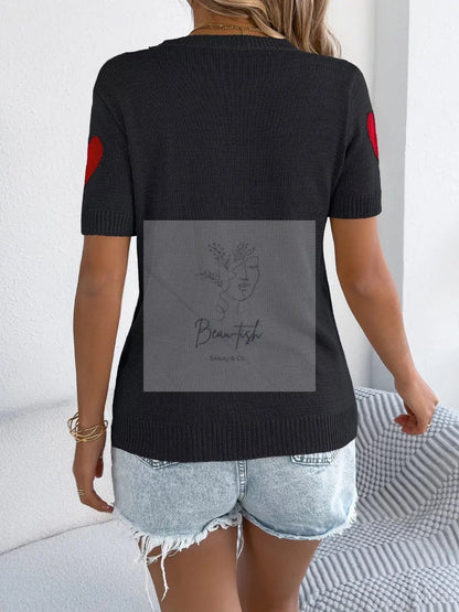 Heart Pattern Short Sleeve Knit Top