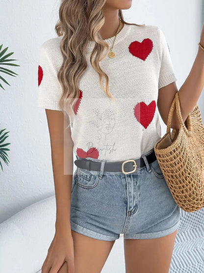 Heart Pattern Short Sleeve Knit Top