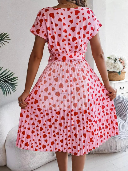 Heart Print Belted Pleated Midi Dress