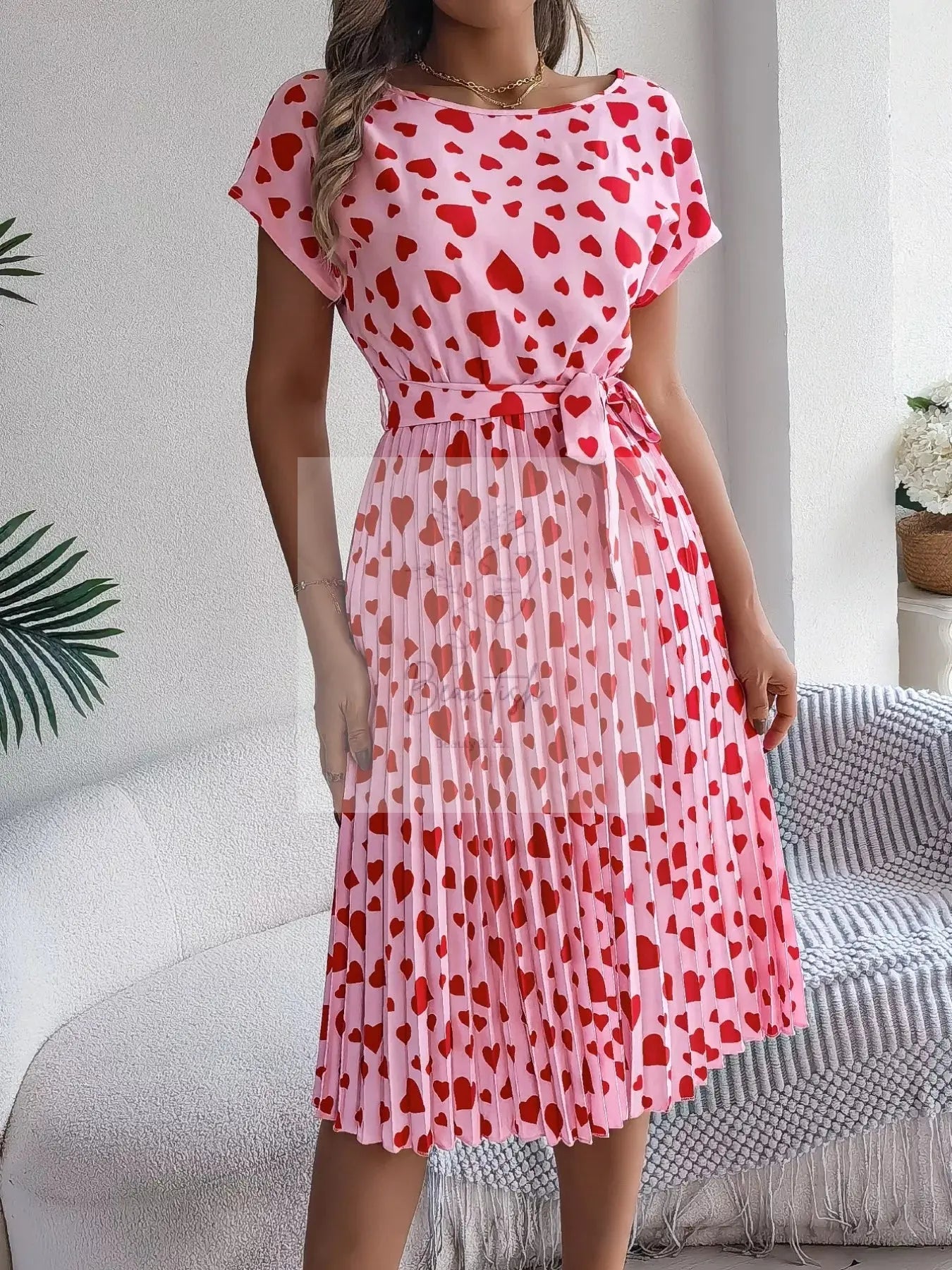 Heart Print Belted Pleated Midi Dress