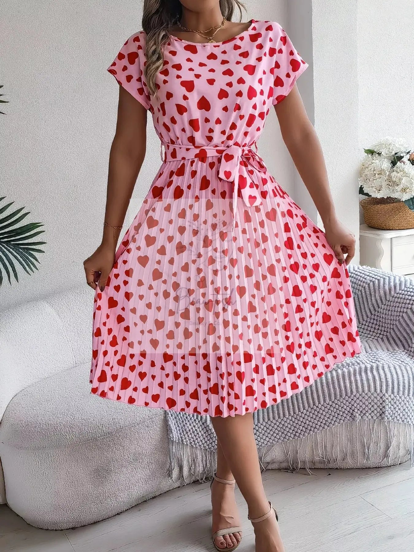 Heart Print Belted Pleated Midi Dress