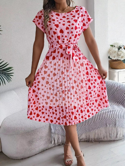 Heart Print Belted Pleated Midi Dress