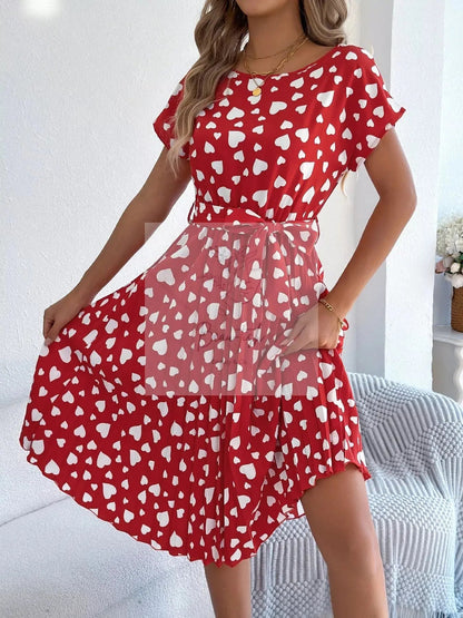 Heart Print Belted Pleated Midi Dress