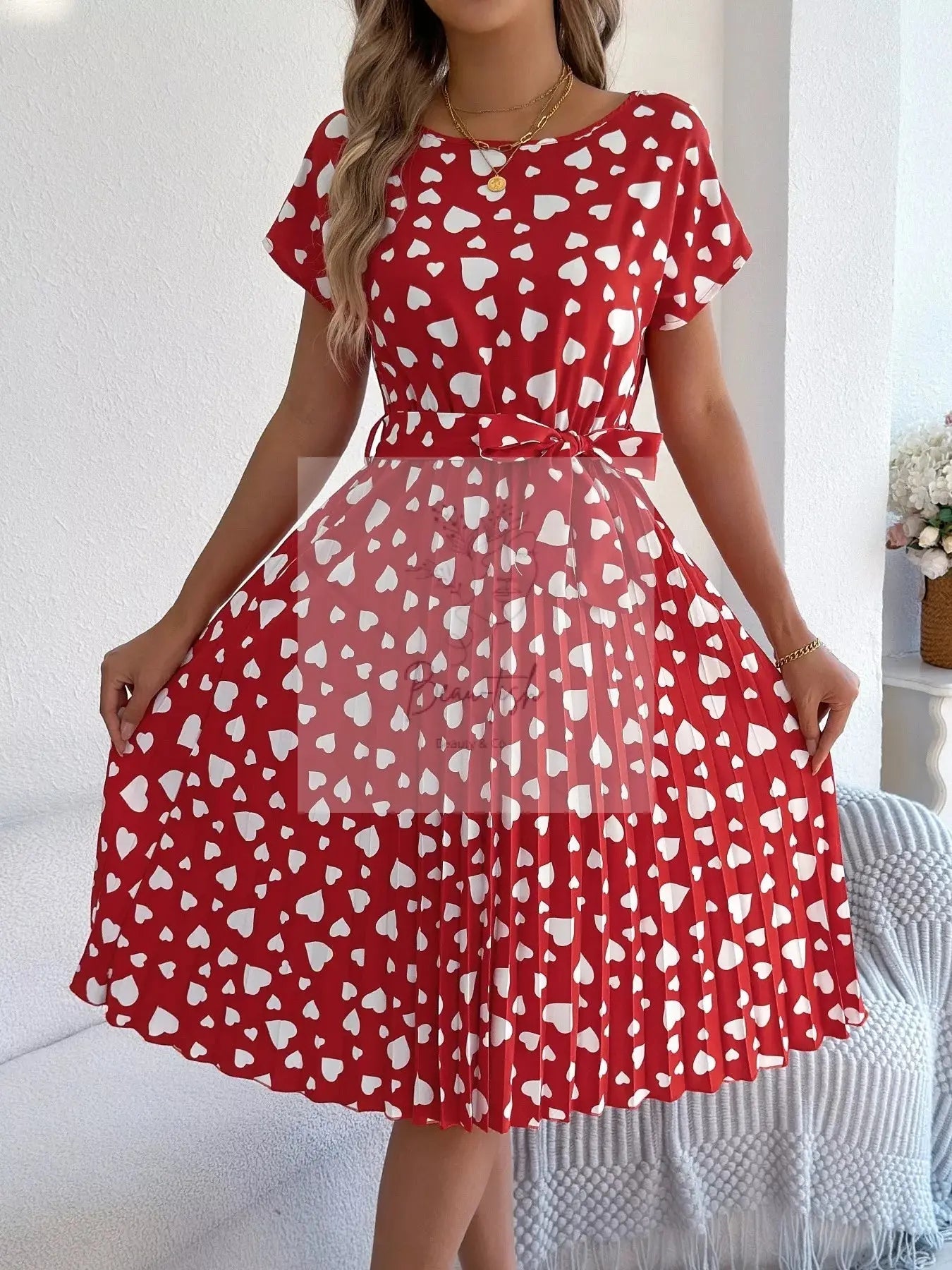 Heart Print Belted Pleated Midi Dress