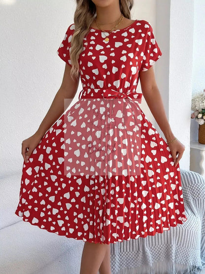 Heart Print Belted Pleated Midi Dress