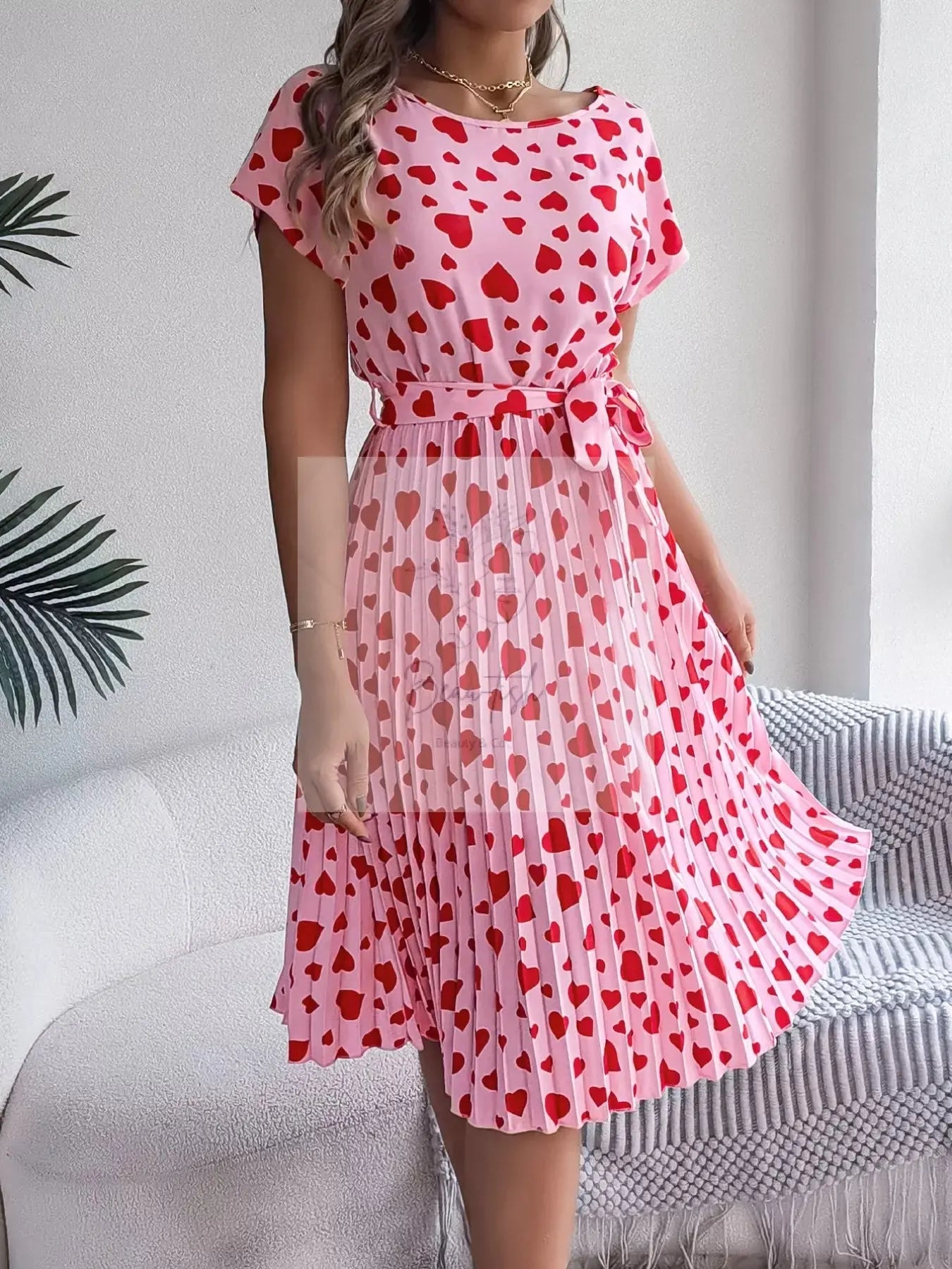 Heart Print Belted Pleated Midi Dress