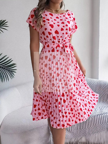 Heart Print Belted Pleated Midi Dress