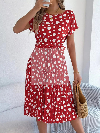 Heart Print Belted Pleated Midi Dress