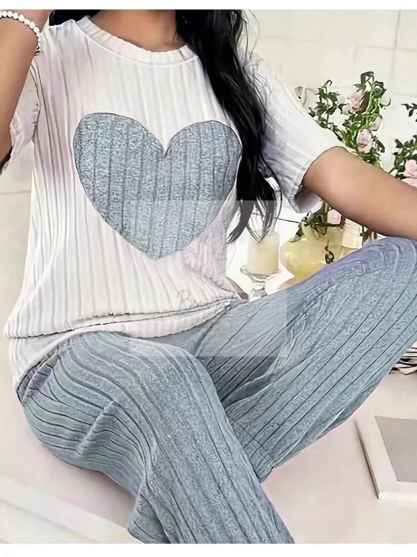 Heart Ribbed Knit Top and Pants Lounge Set