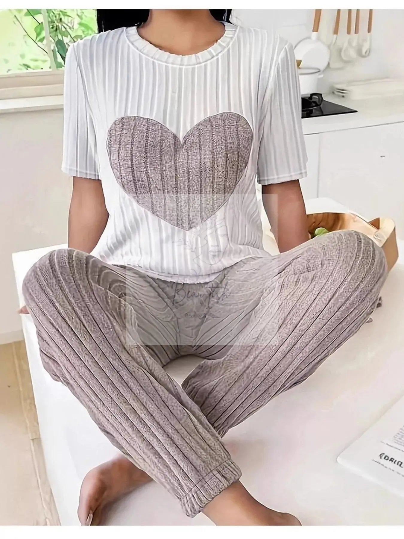Heart Ribbed Knit Top and Pants Lounge Set