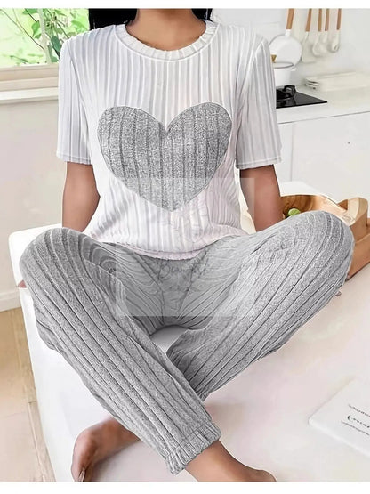 Heart Ribbed Knit Top and Pants Lounge Set