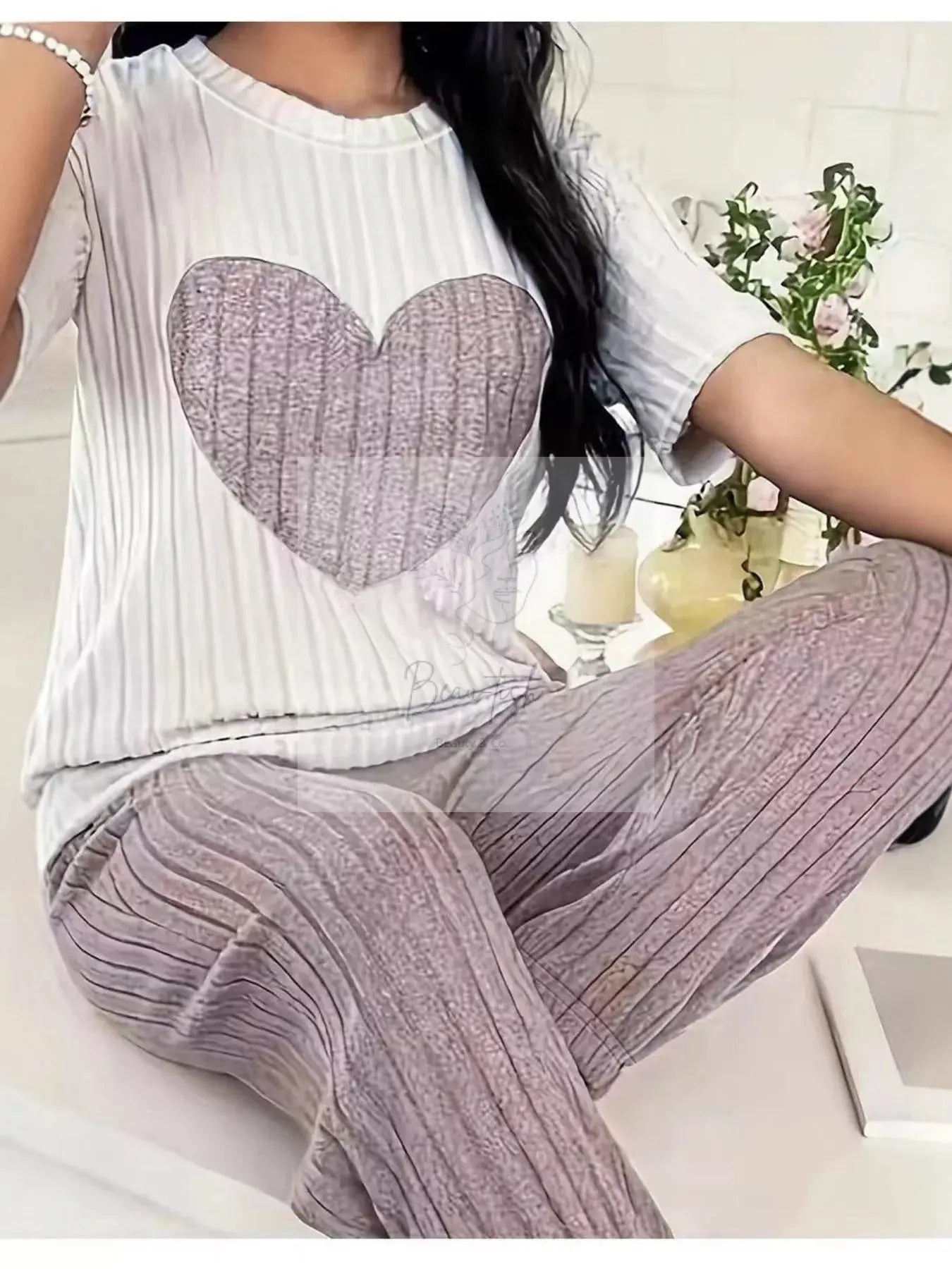 Heart Ribbed Knit Top and Pants Lounge Set