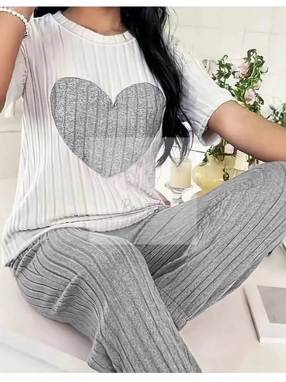 Heart Ribbed Knit Top and Pants Lounge Set