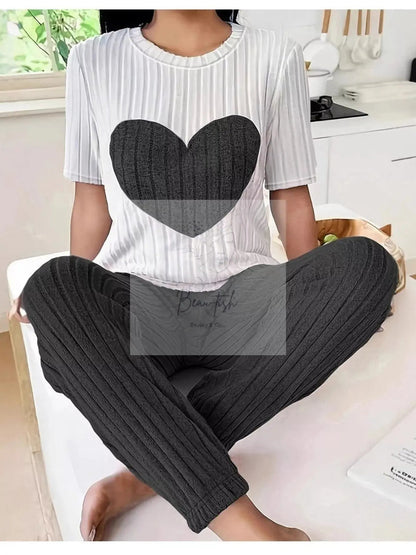Heart Ribbed Knit Top and Pants Lounge Set
