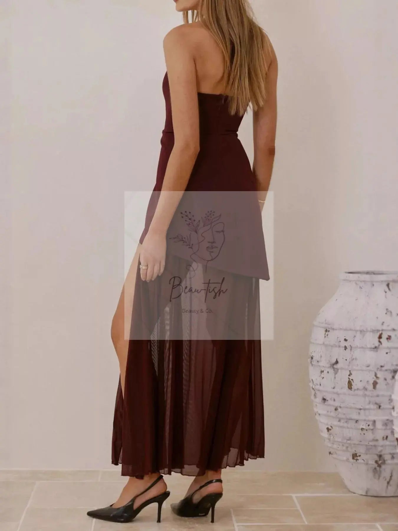 High Slit Mesh Tube Maxi Dress