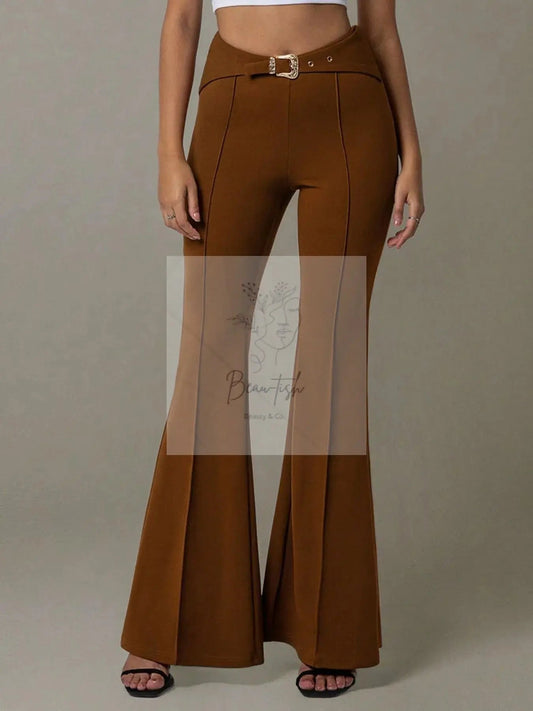 High Waist Flare Pants with Buckle Belt