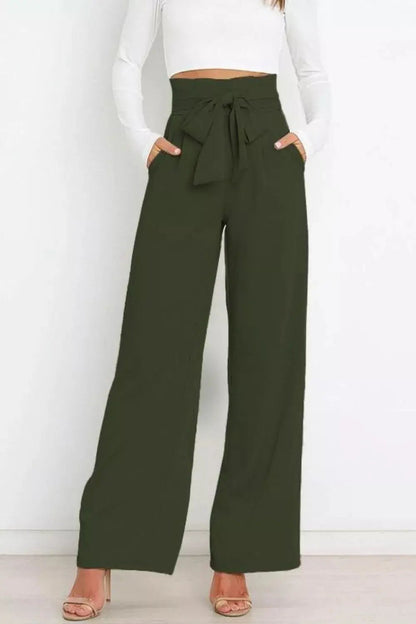 High Waist Tie Front Wide Leg Pants
