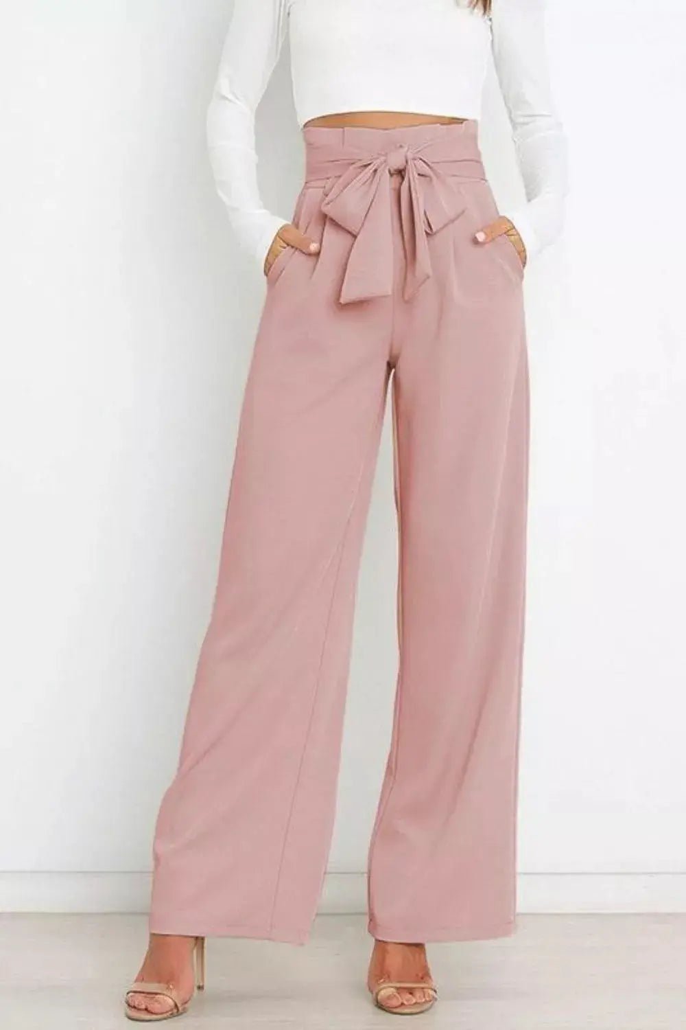 High Waist Tie Front Wide Leg Pants