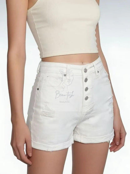 High-Waisted Button-Fly Distressed Denim Shorts