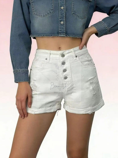 High-Waisted Button-Fly Distressed Denim Shorts