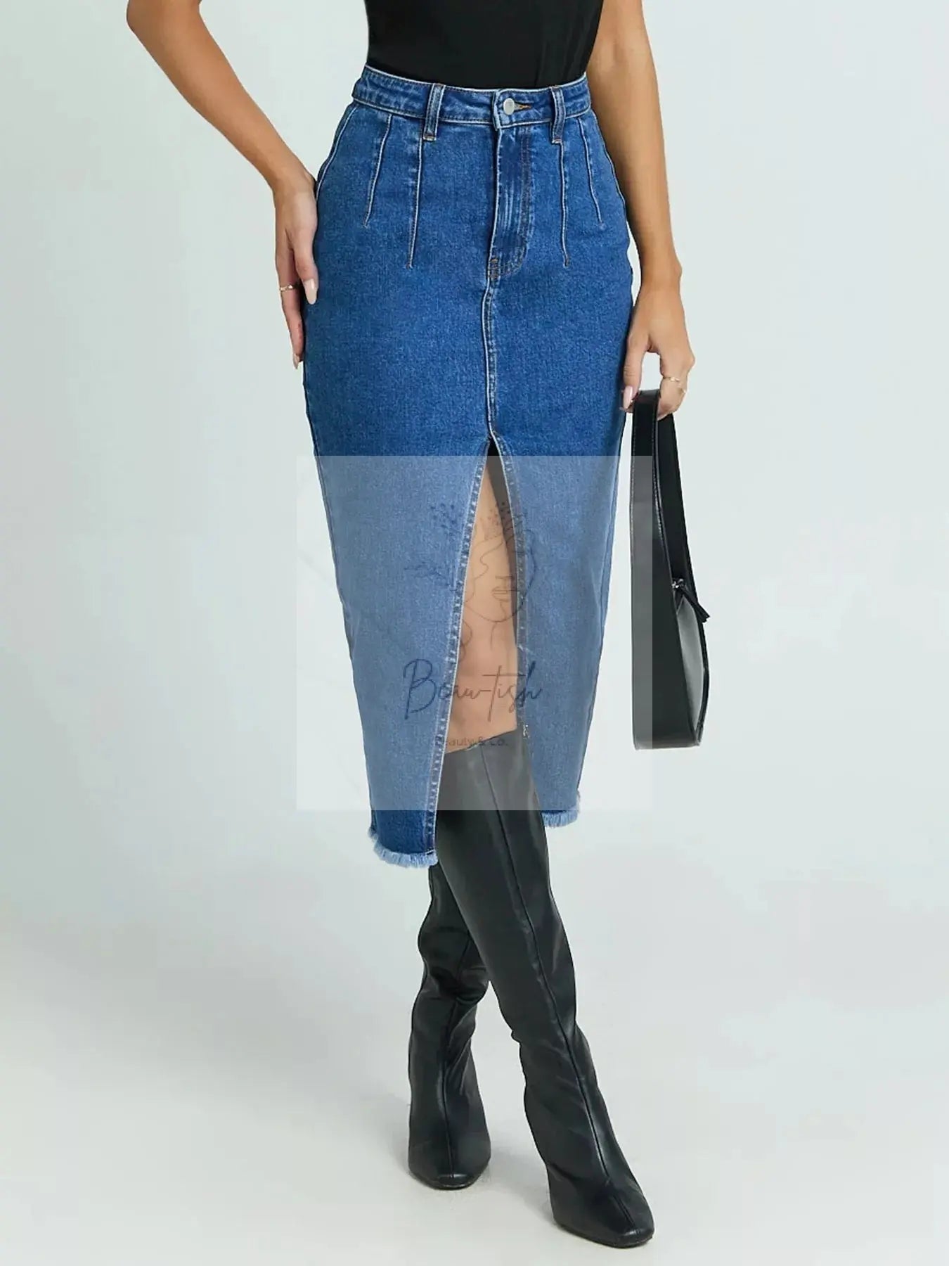 High-Waisted Slit Denim Skirt
