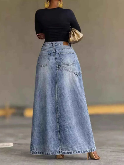 High-Waisted Slit Denim Skirt