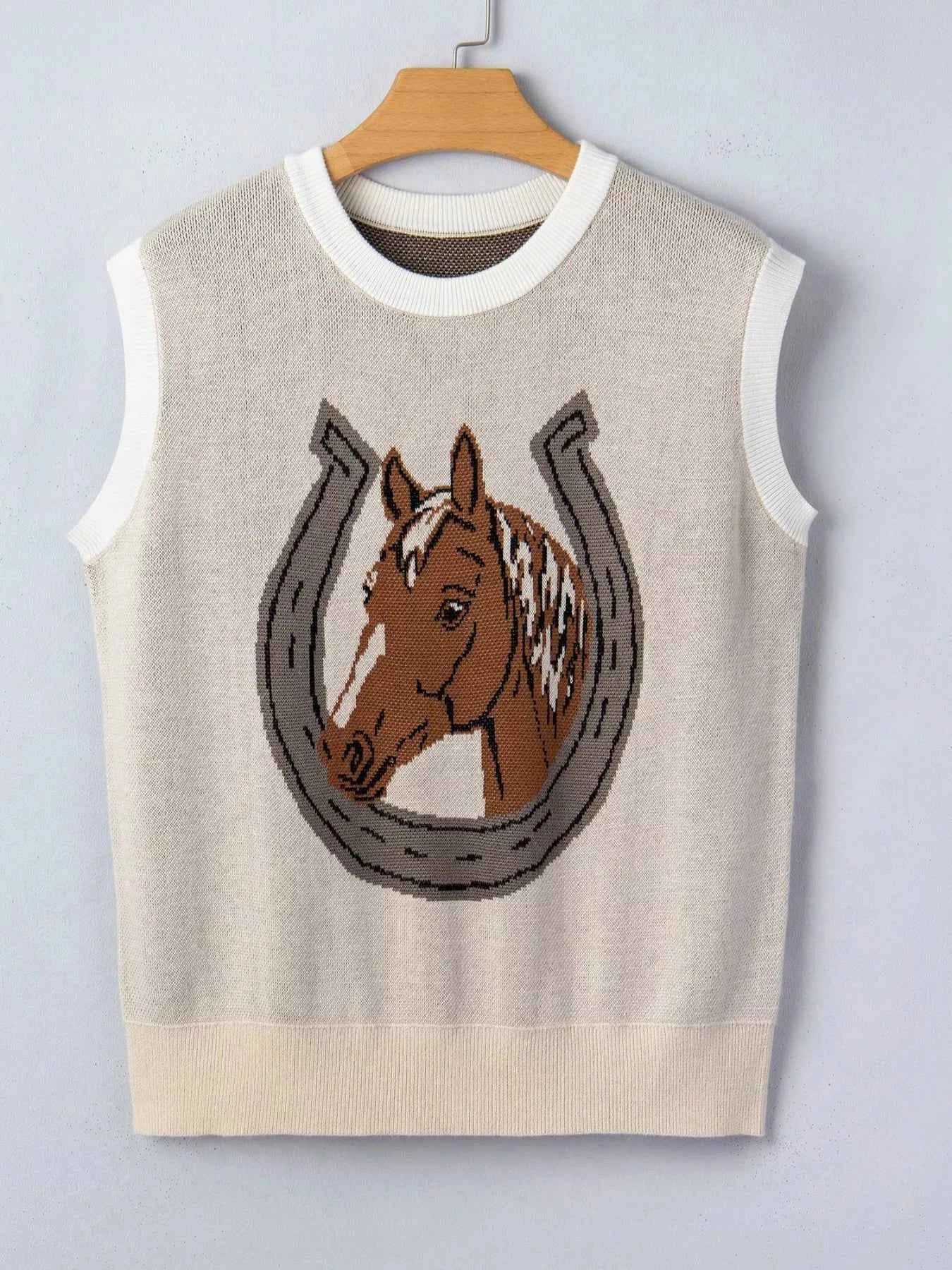 Horse Shoe Print Color Block Trim Round Neck Sleeveless Sweater