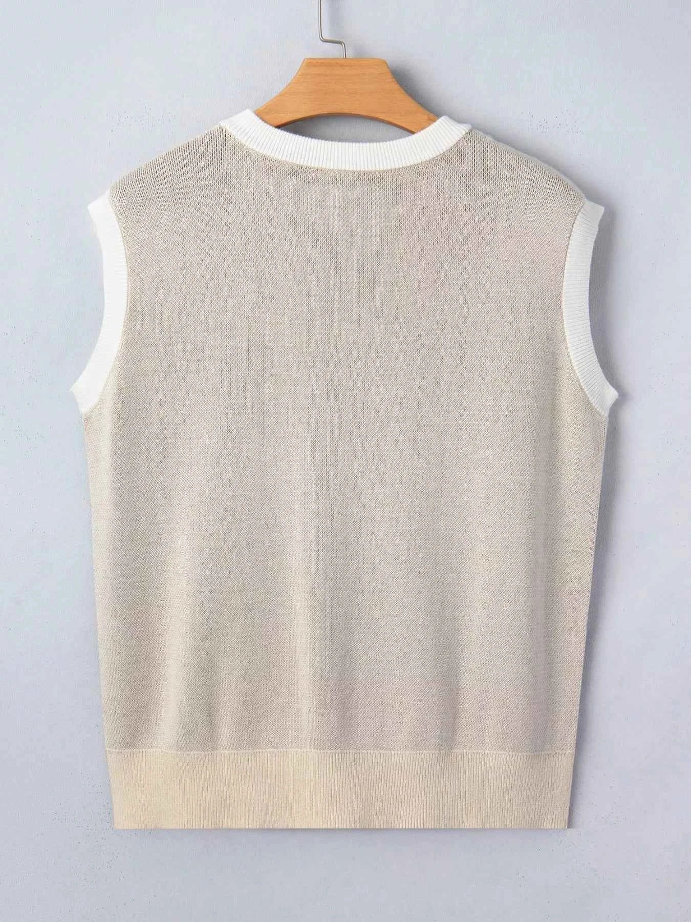 Horse Shoe Print Color Block Trim Round Neck Sleeveless Sweater