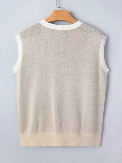 Horse Shoe Print Color Block Trim Round Neck Sleeveless Sweater