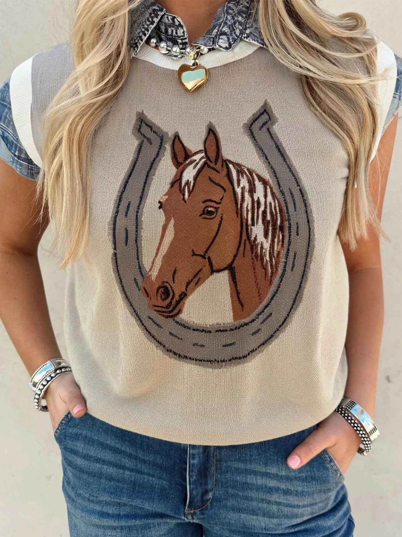 Horse Shoe Print Color Block Trim Round Neck Sleeveless Sweater