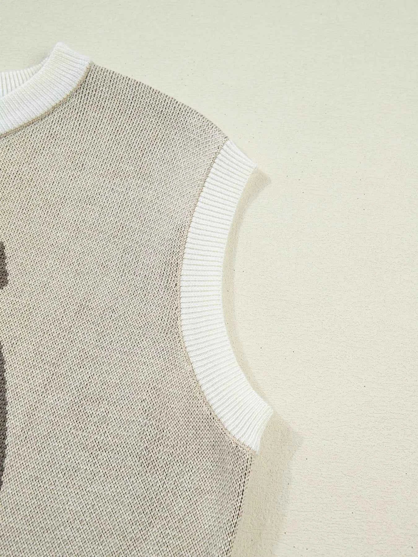 Horse Shoe Print Color Block Trim Round Neck Sleeveless Sweater