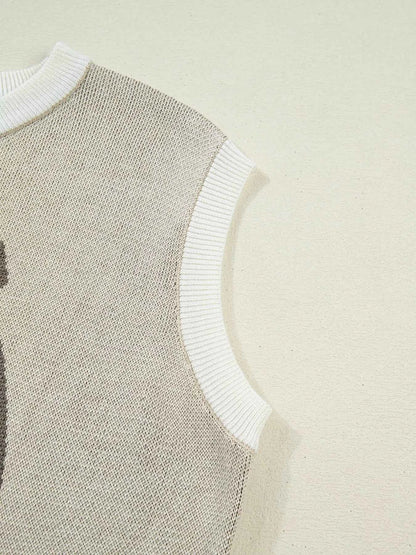 Horse Shoe Print Color Block Trim Round Neck Sleeveless Sweater