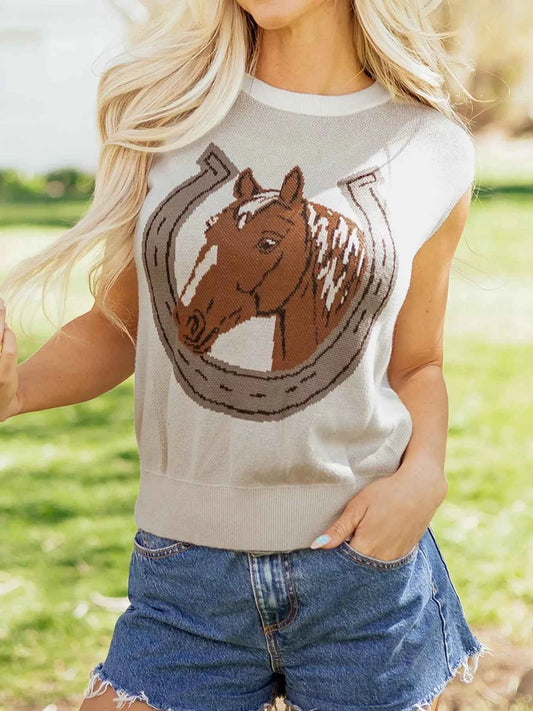 Horse Shoe Print Color Block Trim Round Neck Sleeveless Sweater