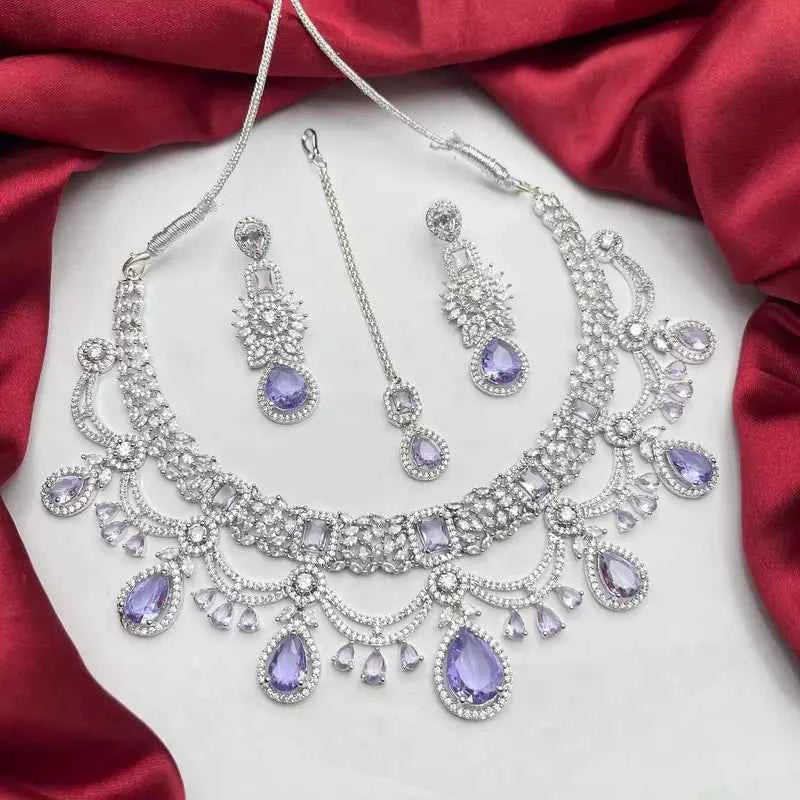 Lavender CZ Bridal Jewelry Set Silver Tone