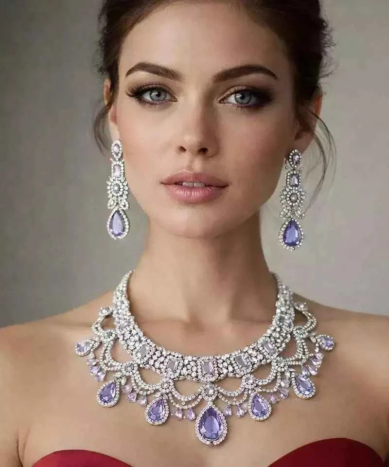 Lavender CZ Bridal Jewelry Set Silver Tone