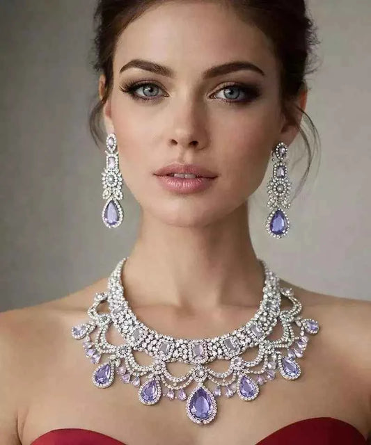 Lavender CZ Bridal Jewelry Set Silver Tone