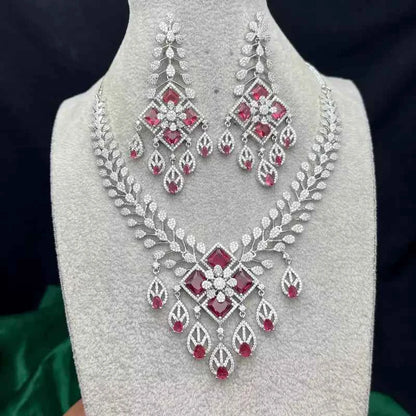 Ruby Diamond Bridal Jewelry Set Silver CZ Choker Necklace Chandelier Earrings