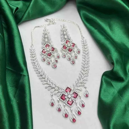 Ruby Diamond Bridal Jewelry Set Silver CZ Choker Necklace Chandelier Earrings