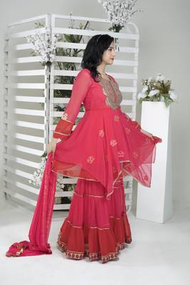 Women's Pink Embroidered Georgette Kurta Sharara Set with Dupatta