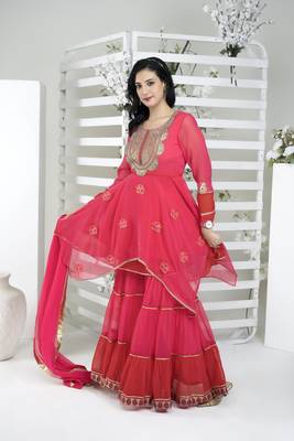 Women's Pink Embroidered Georgette Kurta Sharara Set with Dupatta