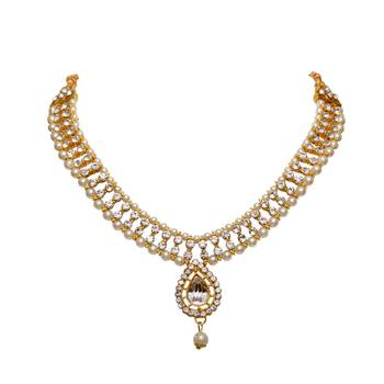NAFJ White Agate Stone Necklace Set with Earrings and Maang Tikka Gold Plated