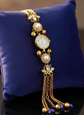 Aarna Gold Plated Pearl Stone Studded Wrist Watch Blue