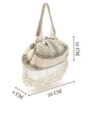 Pearl White and Silver Pearl Embellished Velvet Clutch