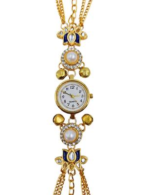 Aarna Gold Plated Pearl Stone Studded Wrist Watch Blue