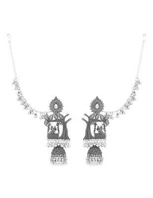 I Jewels Oxidised Jhumka Motif Earring with Ear Chain Silver