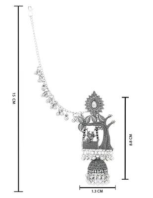 I Jewels Oxidised Jhumka Motif Earring with Ear Chain Silver